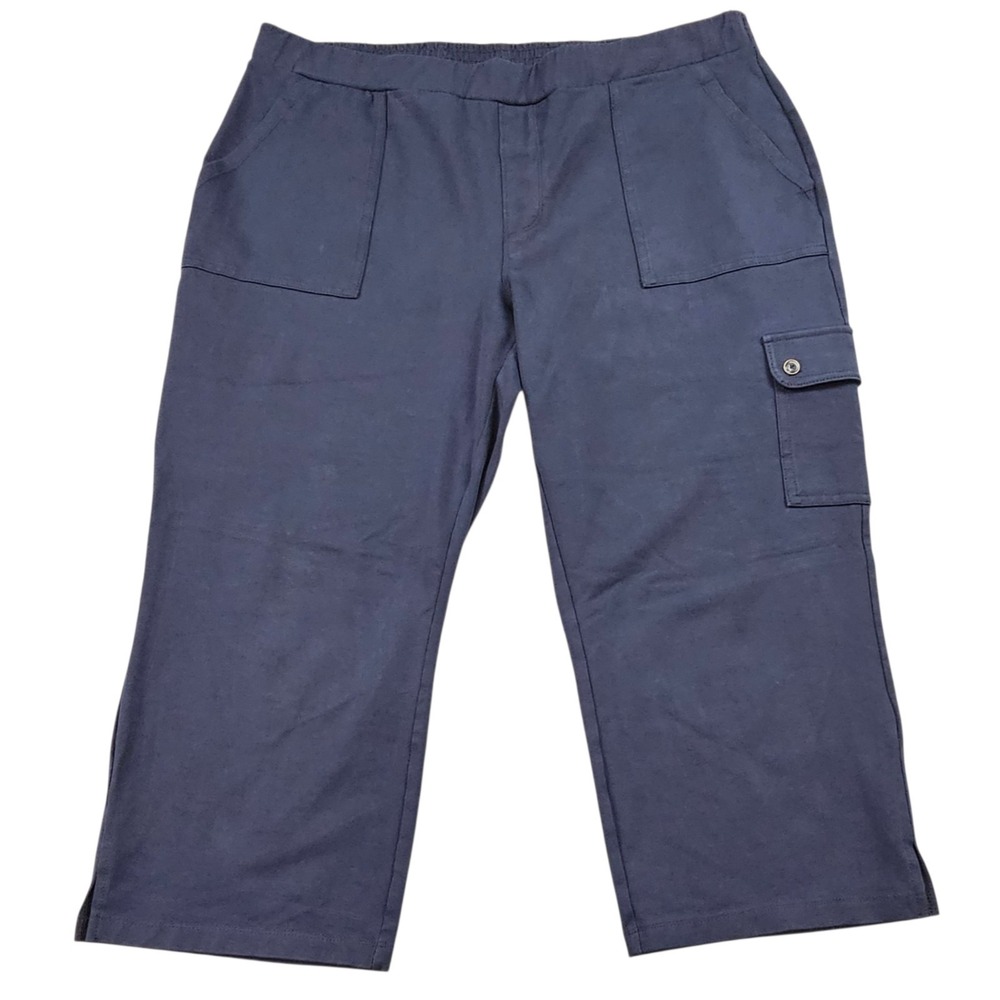 Susan Graver Weekend Pants Womens Petite Large LP Cargo Crop Elastic Waist Blue